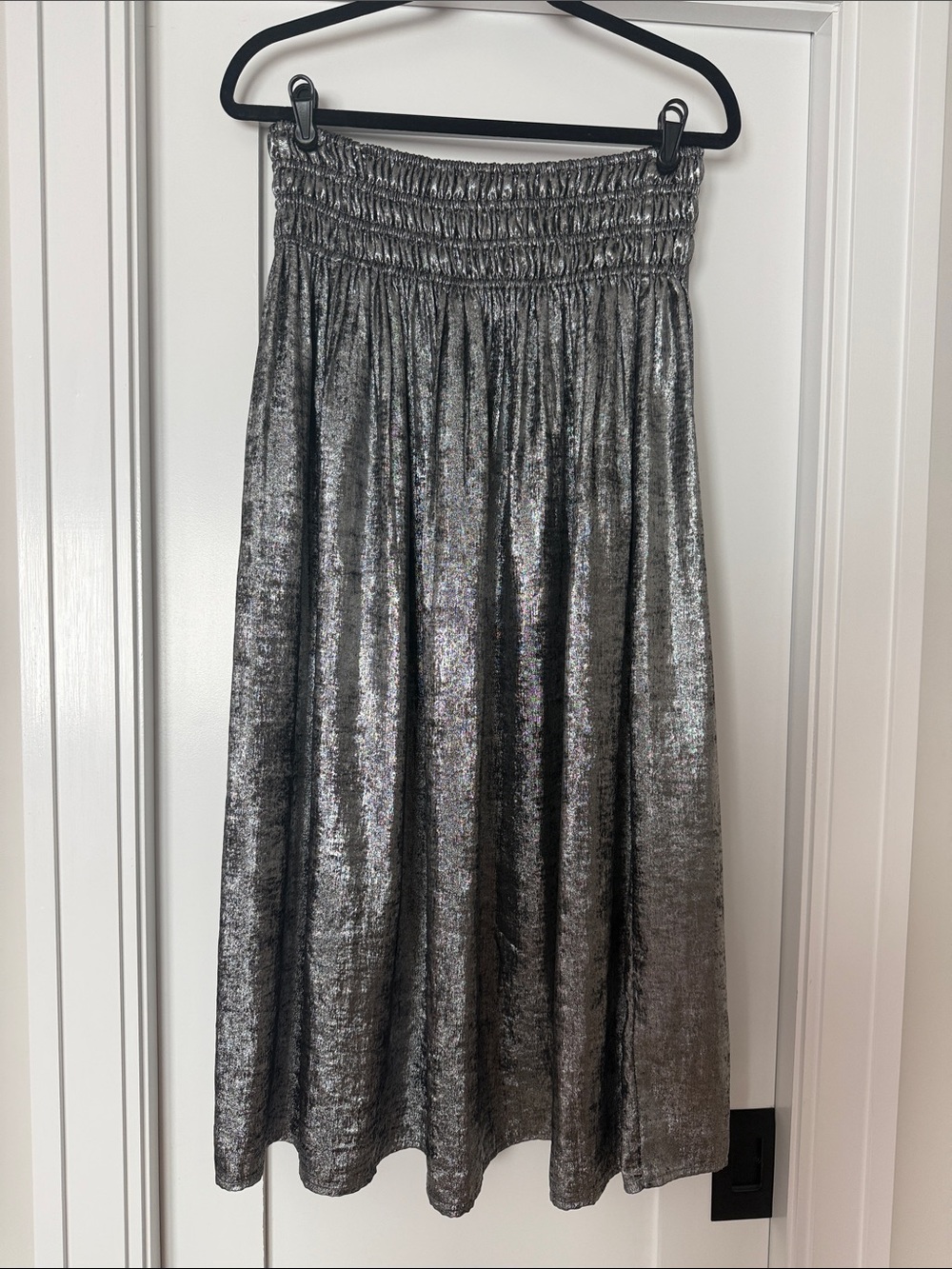 The Great Metallic Silver Smocked Waist Midi Skirt size 2